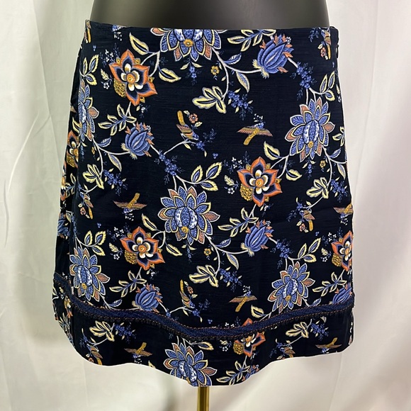 LOFT Navy Orange & Yellow Floral Print Pom Pom Trim A-Line Mini Skirt - Picture 1 of 16